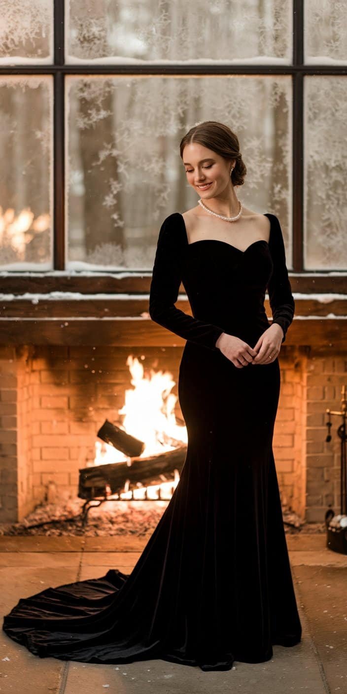 Close-up of rich velvet texture on a black wedding dress, perfect for evening or winter ceremonies.