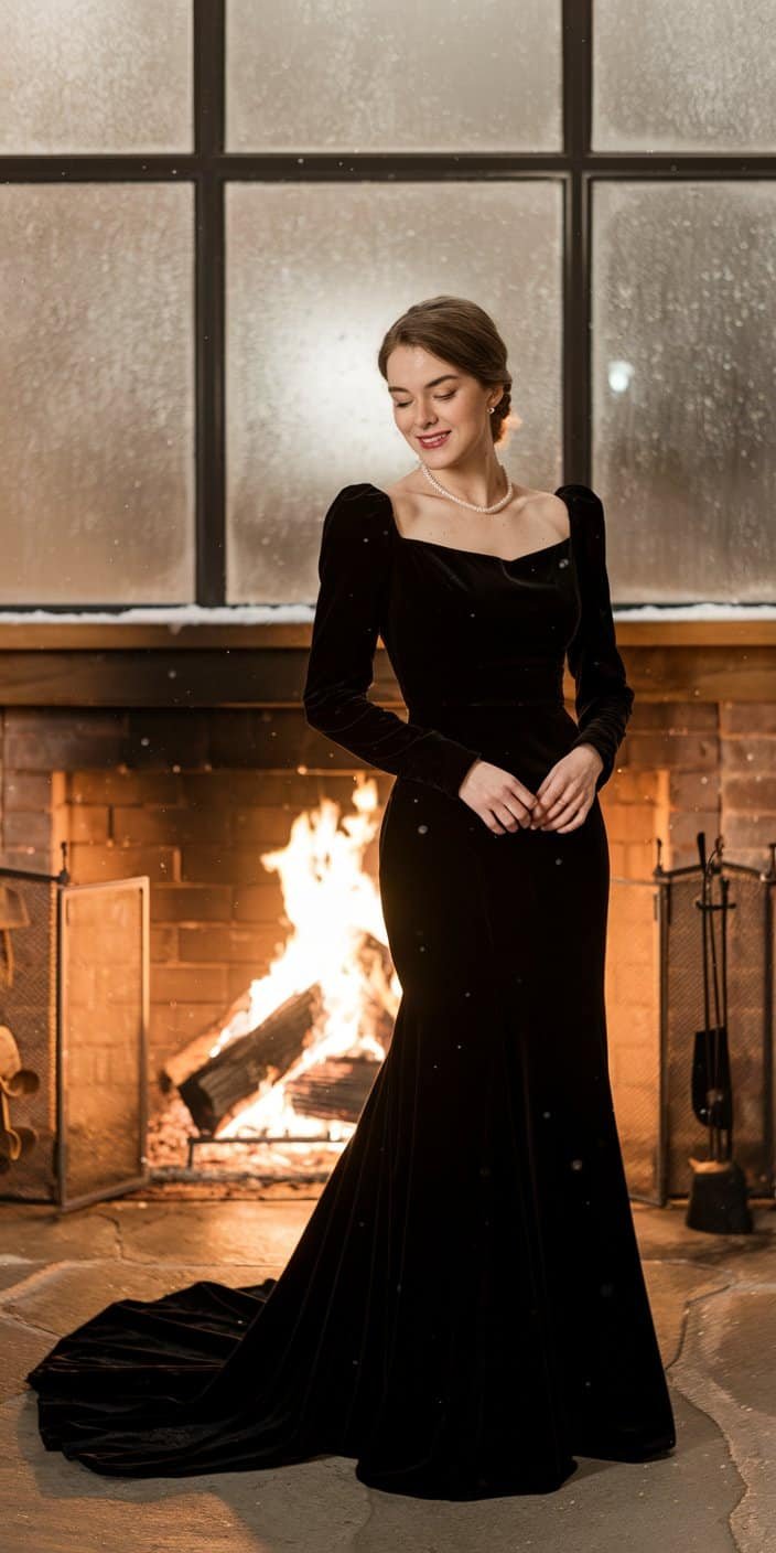 Bride in a vintage-inspired black velvet wedding dress with long sleeves and a mermaid silhouette.