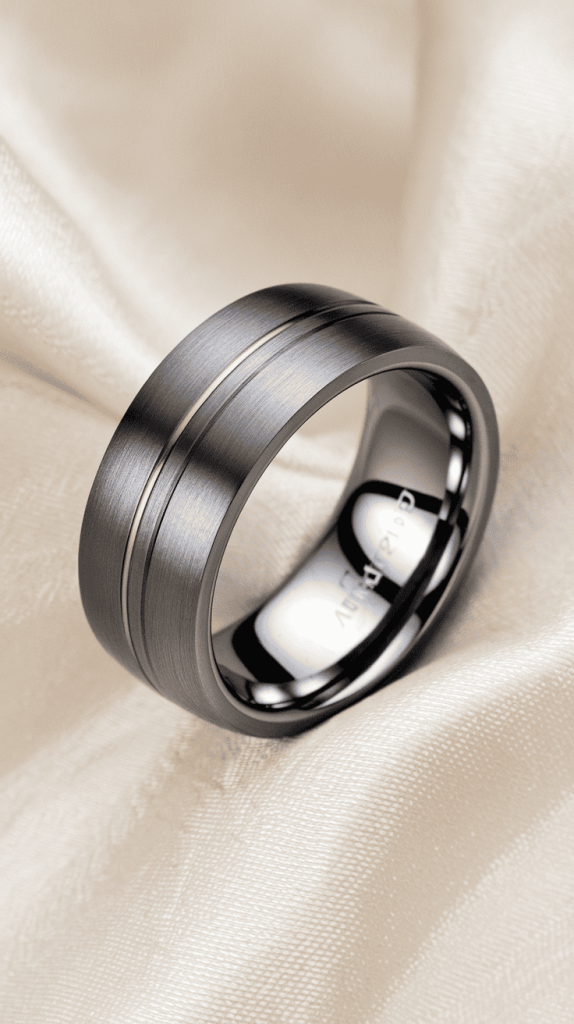 Sleek titanium black wedding band showcasing a modern design.