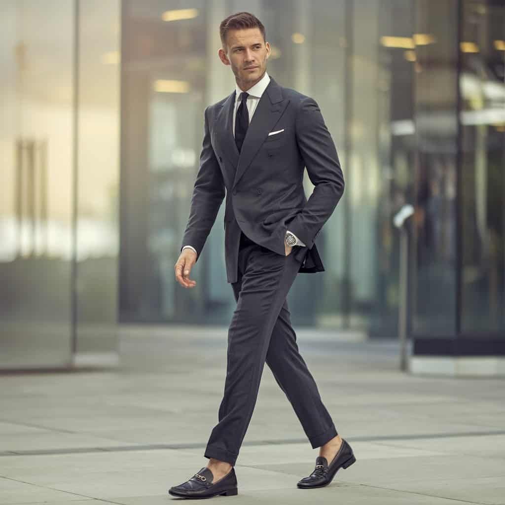 A close-up of sophisticated men's black dress shoes featuring elegant loafers made from high-quality leather. The image highlights the refined craftsmanship, perfect for a polished business formal look.