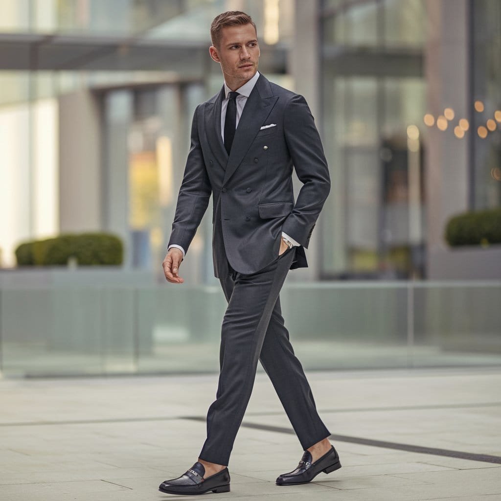 A professional man wearing men's black dress shoes in the form of sleek loafers. His business formal attire includes a tailored suit and a crisp white shirt, embodying confidence and sophistication in the workplace.
