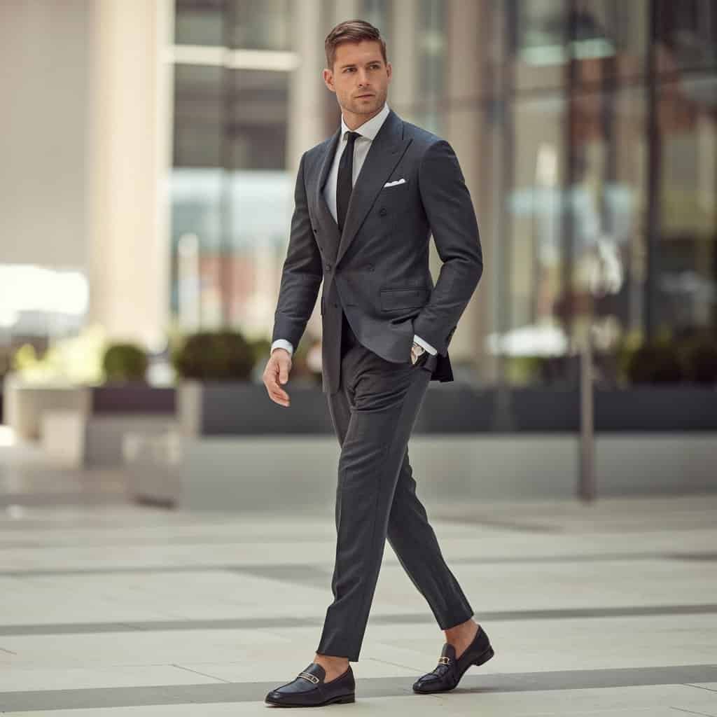 A detailed view of men's black dress shoes, showcasing a pair of stylish loafers on a marble office floor. The image emphasizes the luxurious design and comfort, ideal for business meetings and formal events.