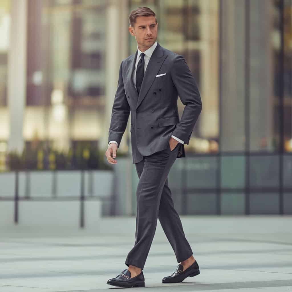 A poised man standing in men's black dress shoes, specifically loafers, paired with a tailored business formal outfit. The background features a modern office environment, highlighting the elegance and versatility of these shoes in professional settings.
