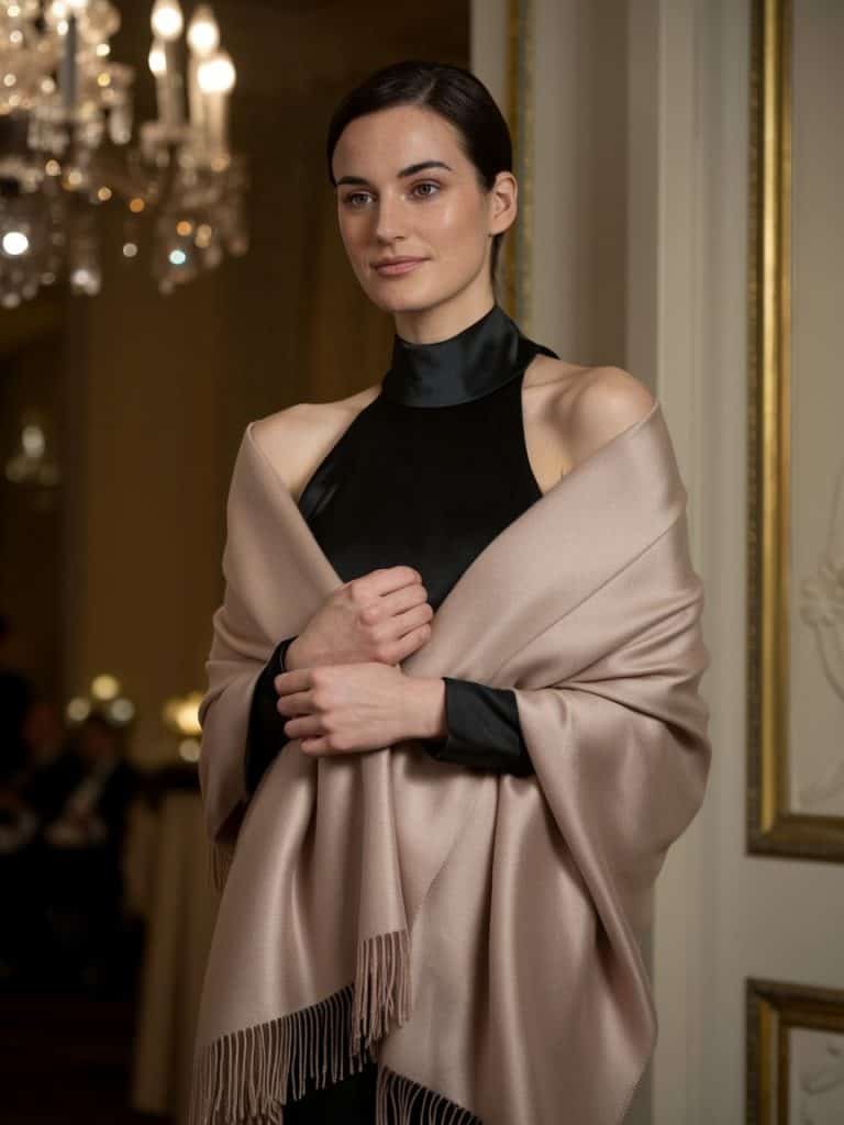 Stylish wrap perfectly complementing a black tie dress with its refined drape.
