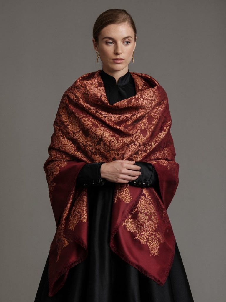 Sophisticated shawl elevating the elegance of a formal evening outfit.
