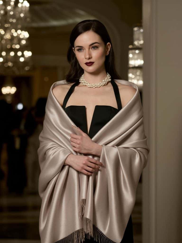 Cozy cashmere wrap adding both warmth and style to a black tie ensemble.
