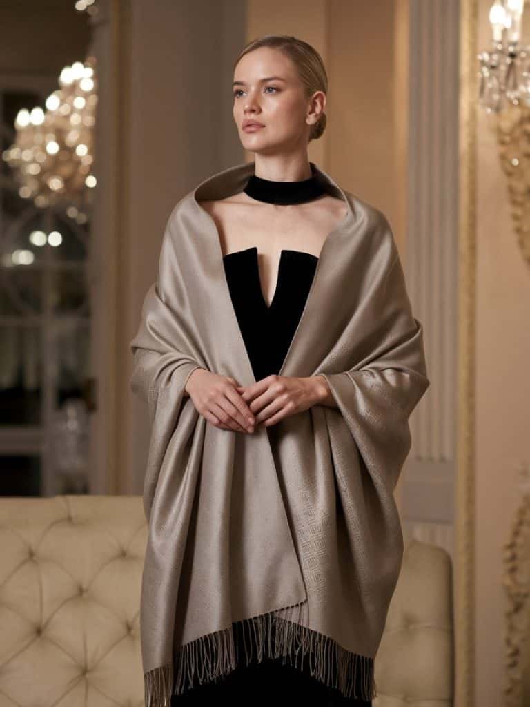 Luxurious silk shawl elegantly draping over a woman’s shoulders at a formal gathering