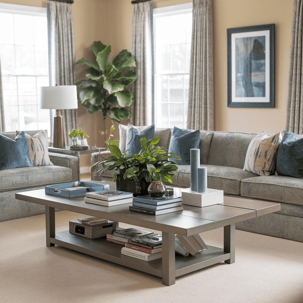 A spacious living room with a large rectangular coffee table, perfectly proportionate to a long sofa.