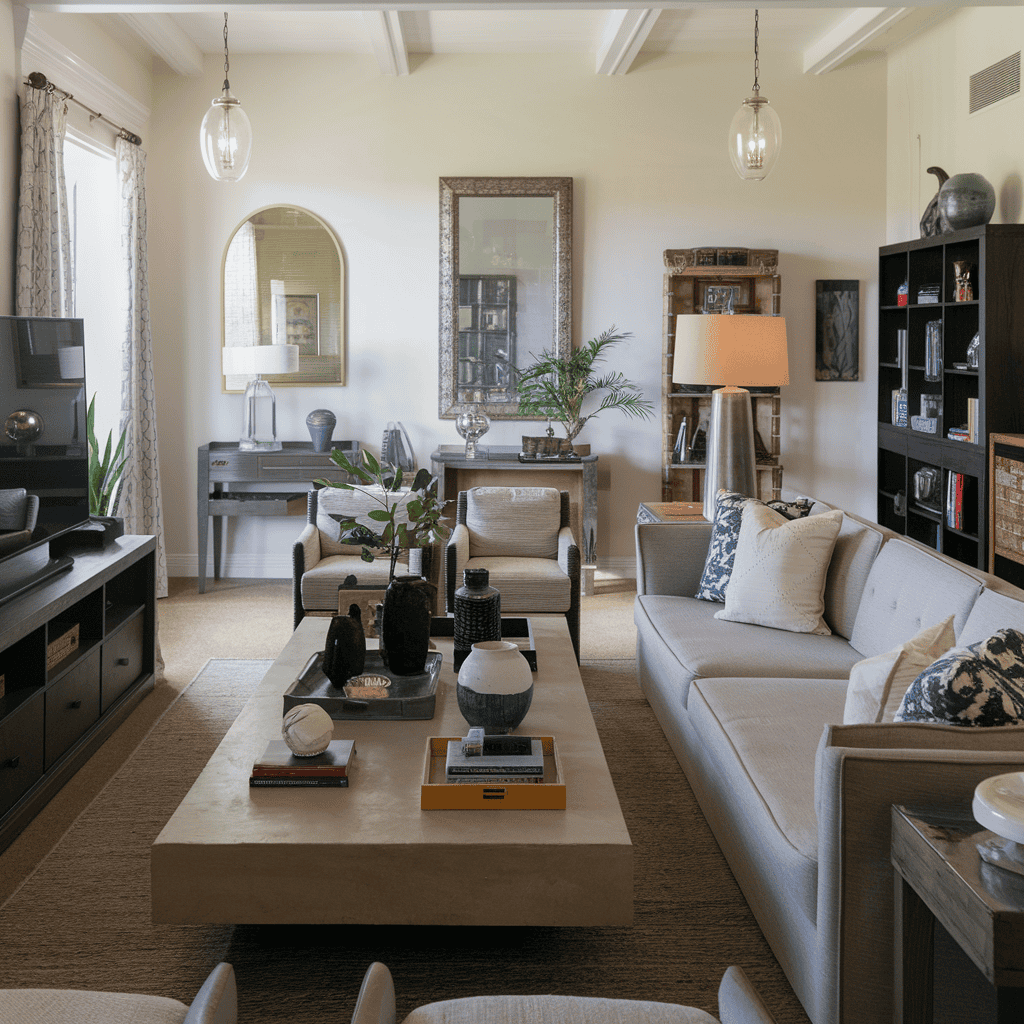 An airy room with a large square coffee table, central to an expansive seating area.