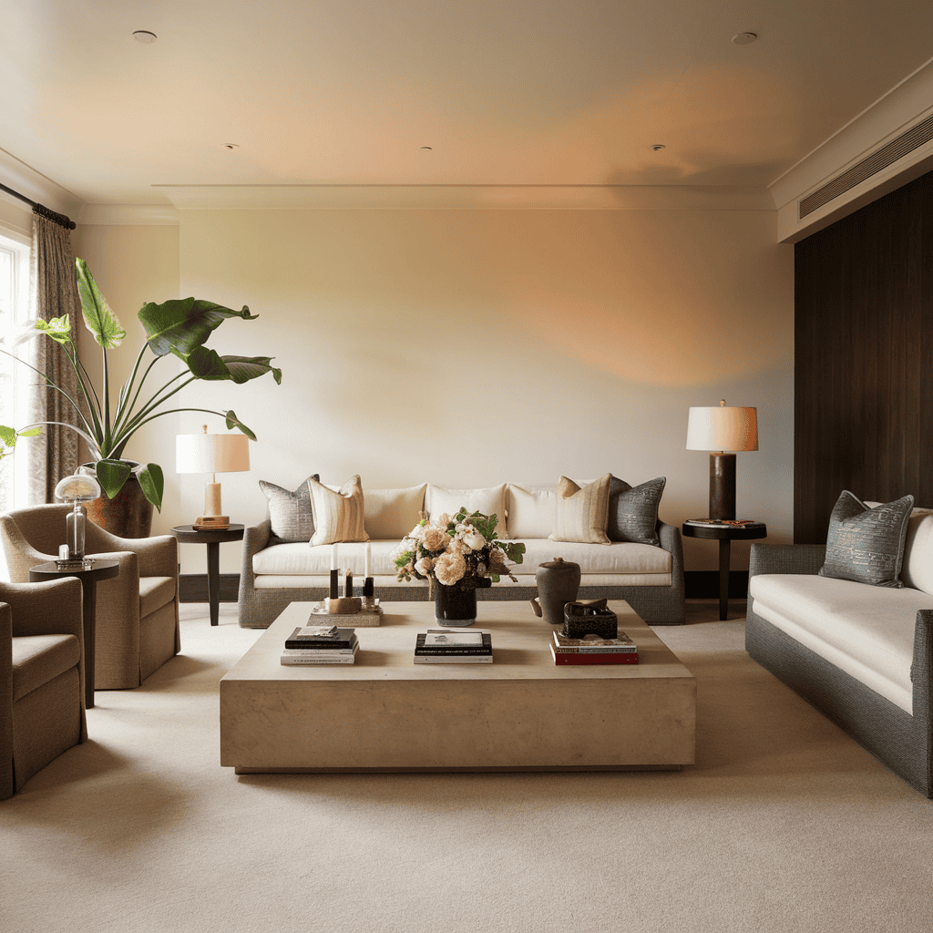A compact living space with a small coffee table, showcasing strategic decor placement.