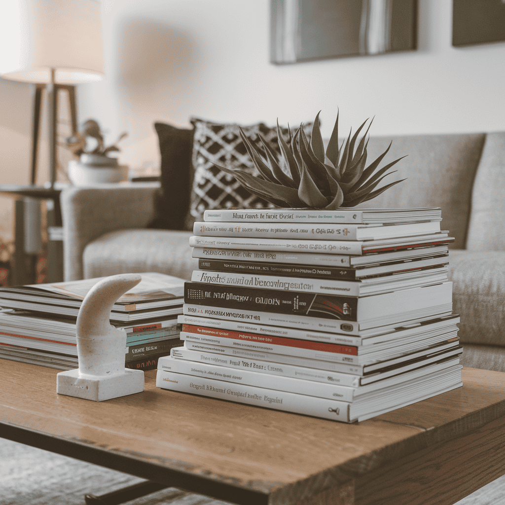A collection of visually appealing coffee table books arranged neatly.