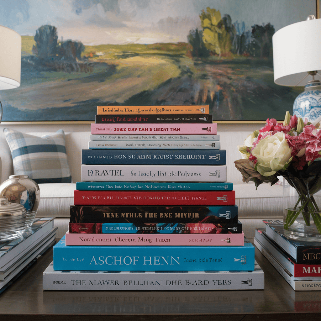 A coffee table with a stack of stylish books topped with a small sculpture.