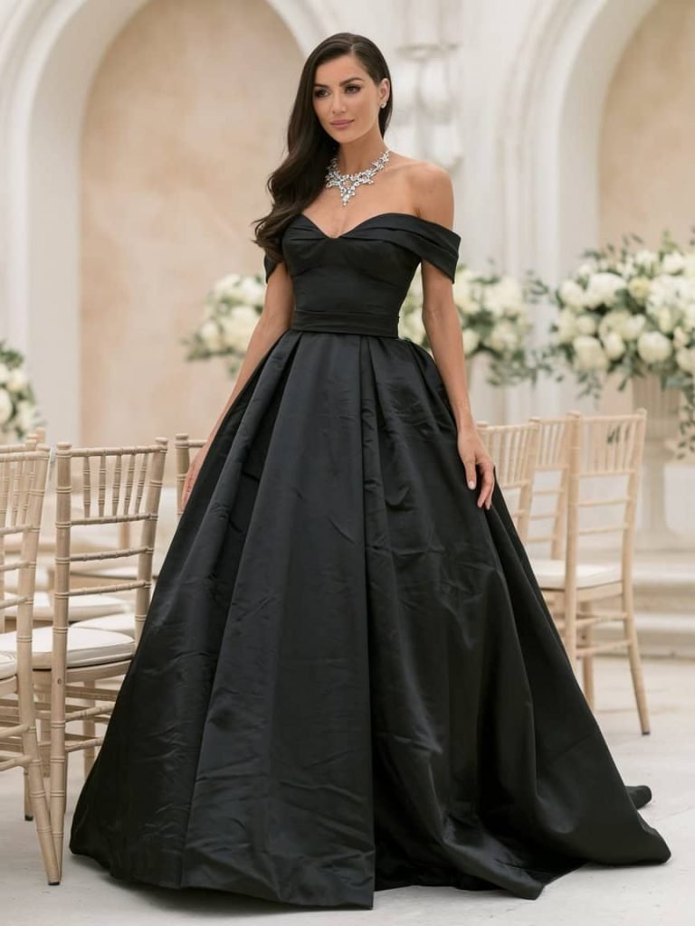 A sophisticated Black Tie Wedding Guest Dress with a fitted top and full ball gown skirt in luxurious black taffeta.
