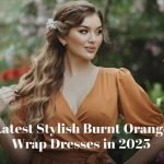 Elegant woman in a burnt orange wrap dress with a half-up, half-down hairstyle in a lush garden – Latest Stylish Burnt Orange Wrap Dresses in 2025.