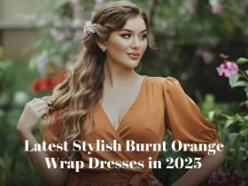 Elegant woman in a burnt orange wrap dress with a half-up, half-down hairstyle in a lush garden – Latest Stylish Burnt Orange Wrap Dresses in 2025.