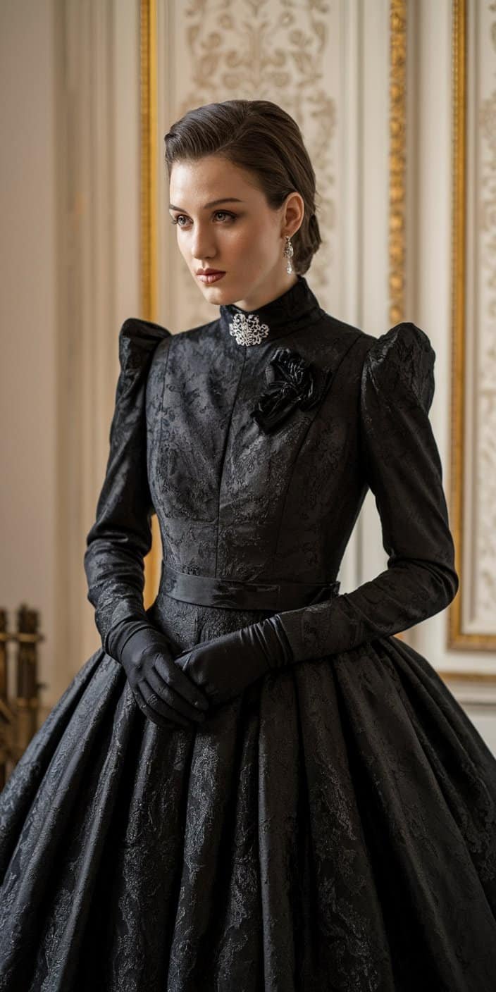 Regal Gothic Wedding Dress featuring structured shoulders and black brocade fabric for a commanding bridal look