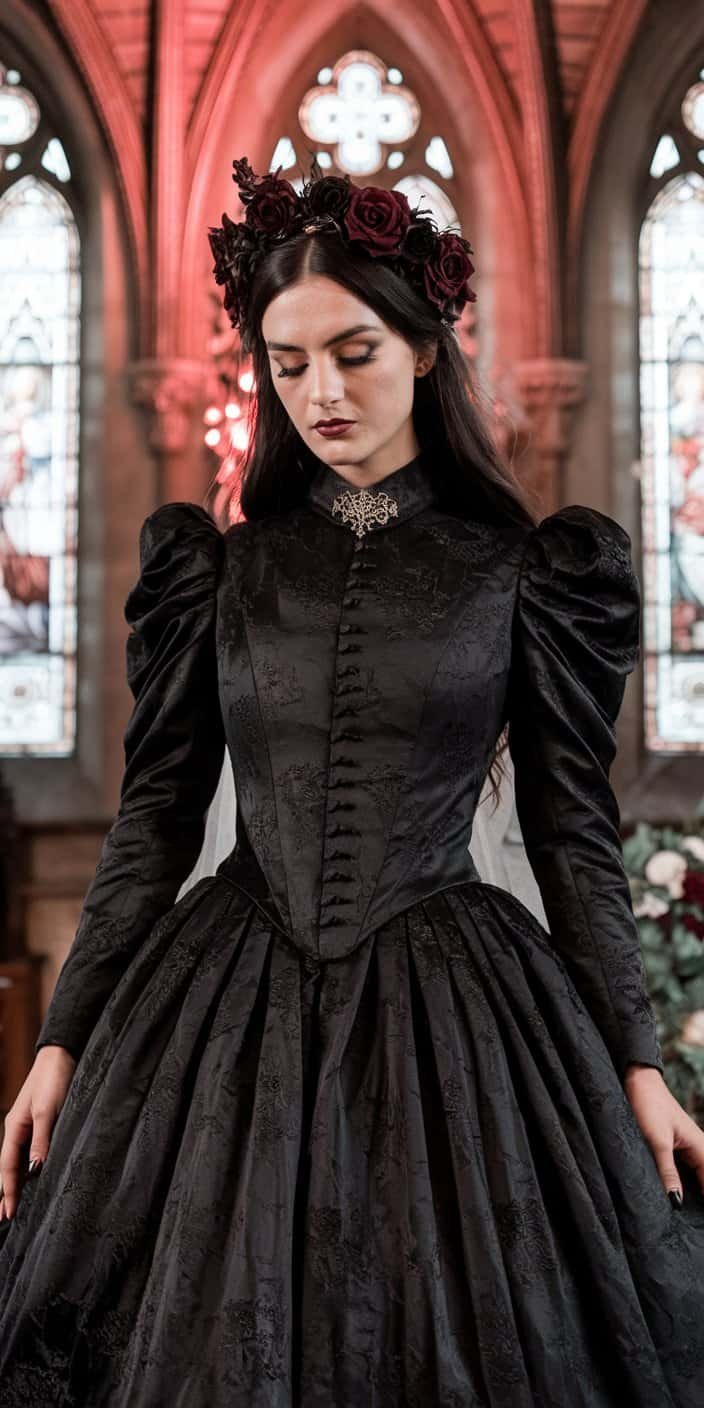 Elegant Gothic Wedding Dress with button details down the back, creating a classic aristocratic aesthetic