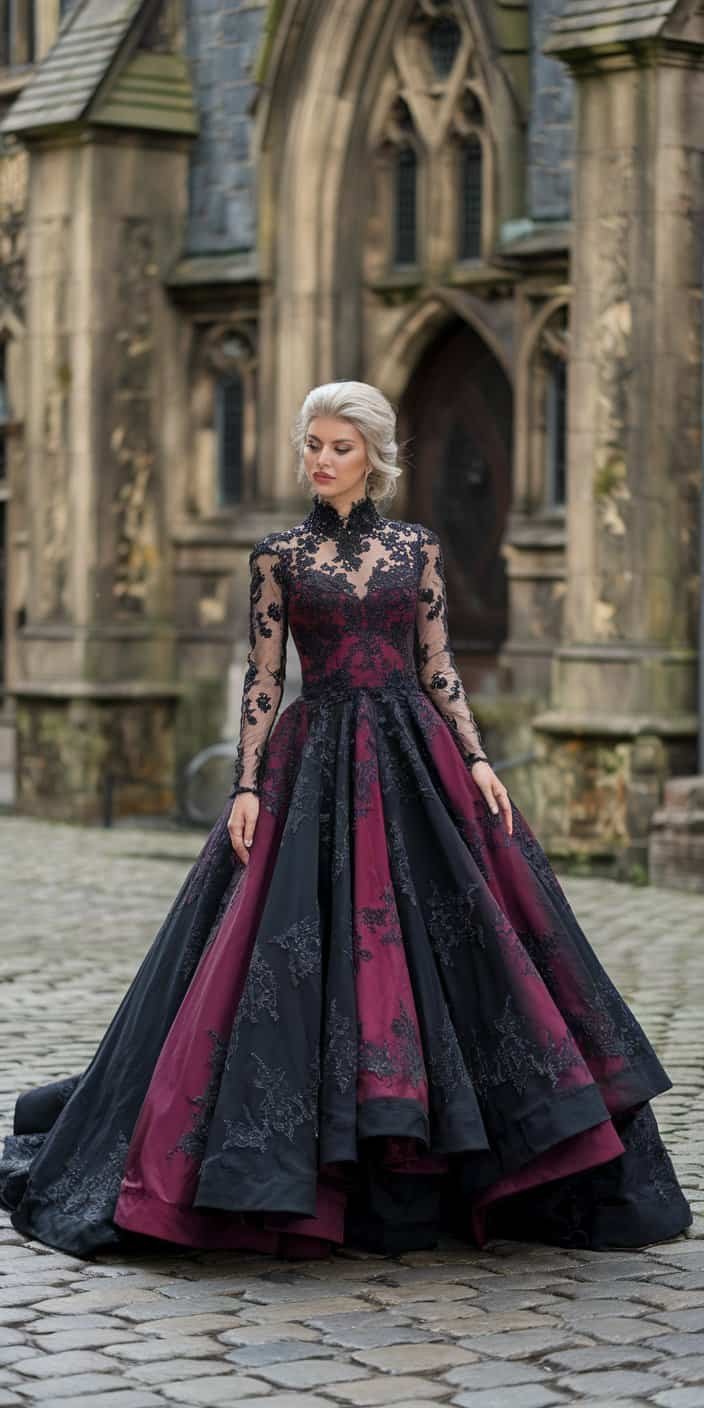 Elegant Gothic Wedding Dress with a regal high collar, vintage lace accents, and dramatic flair