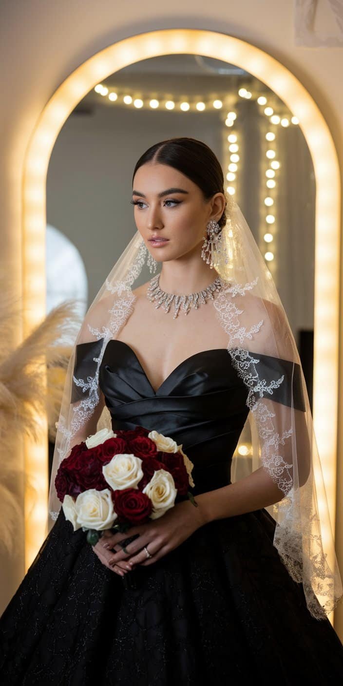 Black wedding gown styled with vintage waves and jeweled hairpins for timeless bridal elegance