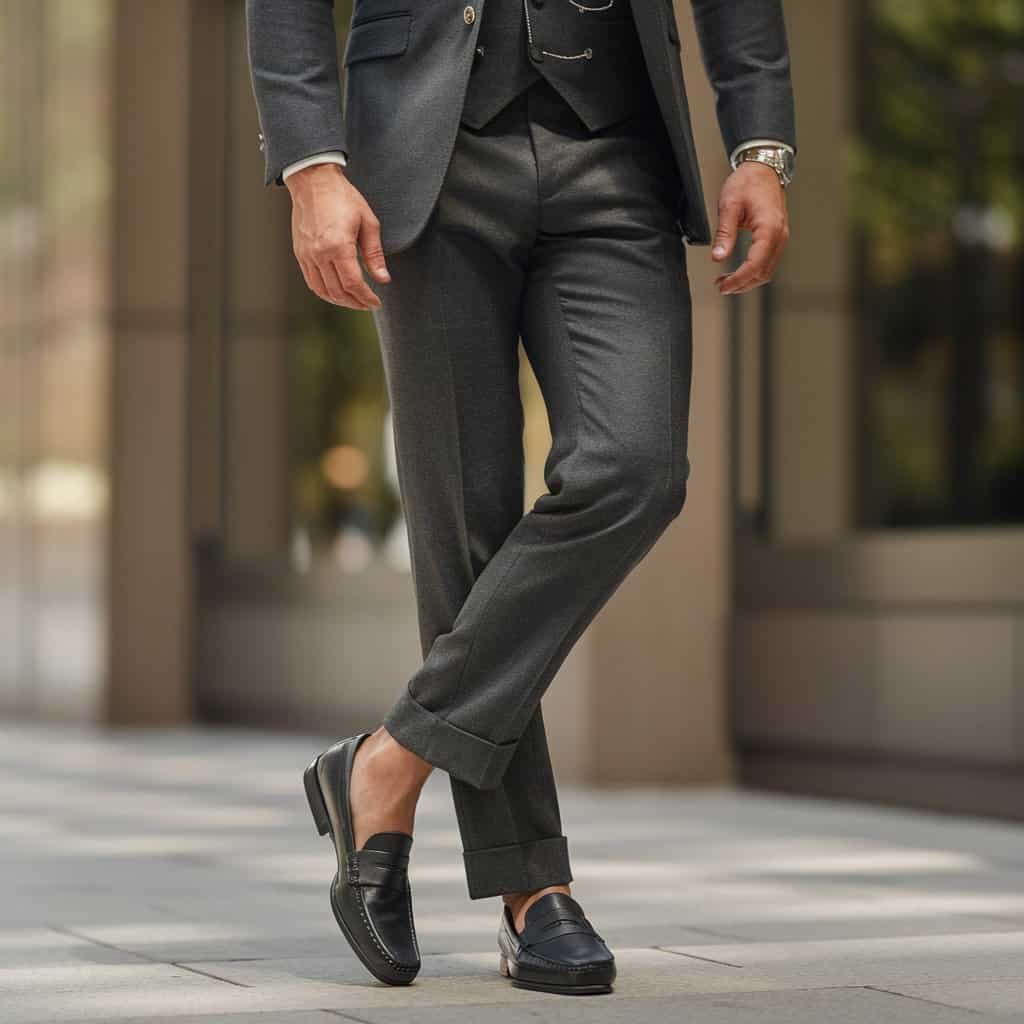 A stylish man sitting at a café table, showcasing his men's black dress shoes in the form of sleek loafers. He wears a casual blazer over a graphic tee, perfectly blending comfort with smart casual flair.
