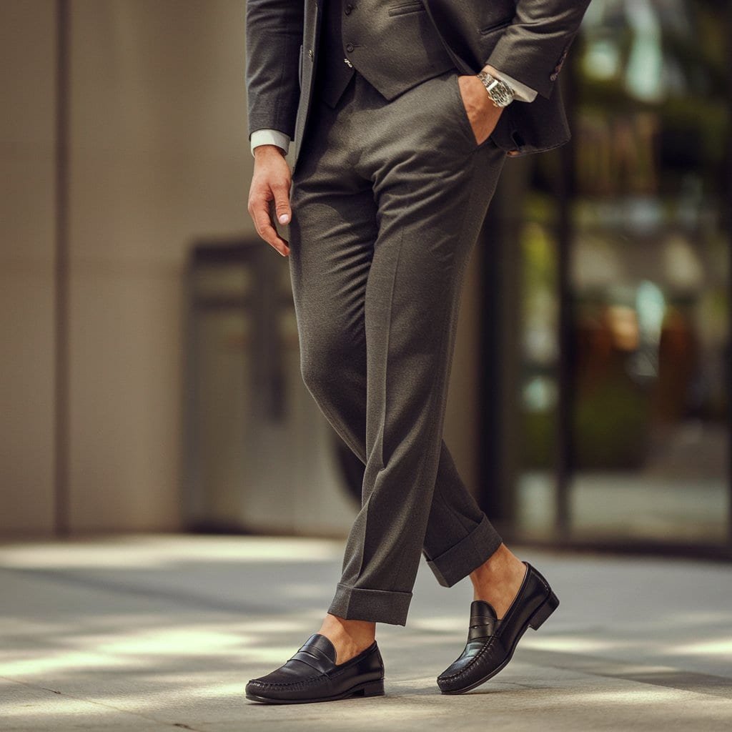 A confident man standing in men's black dress shoes, specifically loafers, paired with a blazer over a casual shirt and dark jeans. The background features a cozy café setting, enhancing the smart casual vibe of his outfit.
