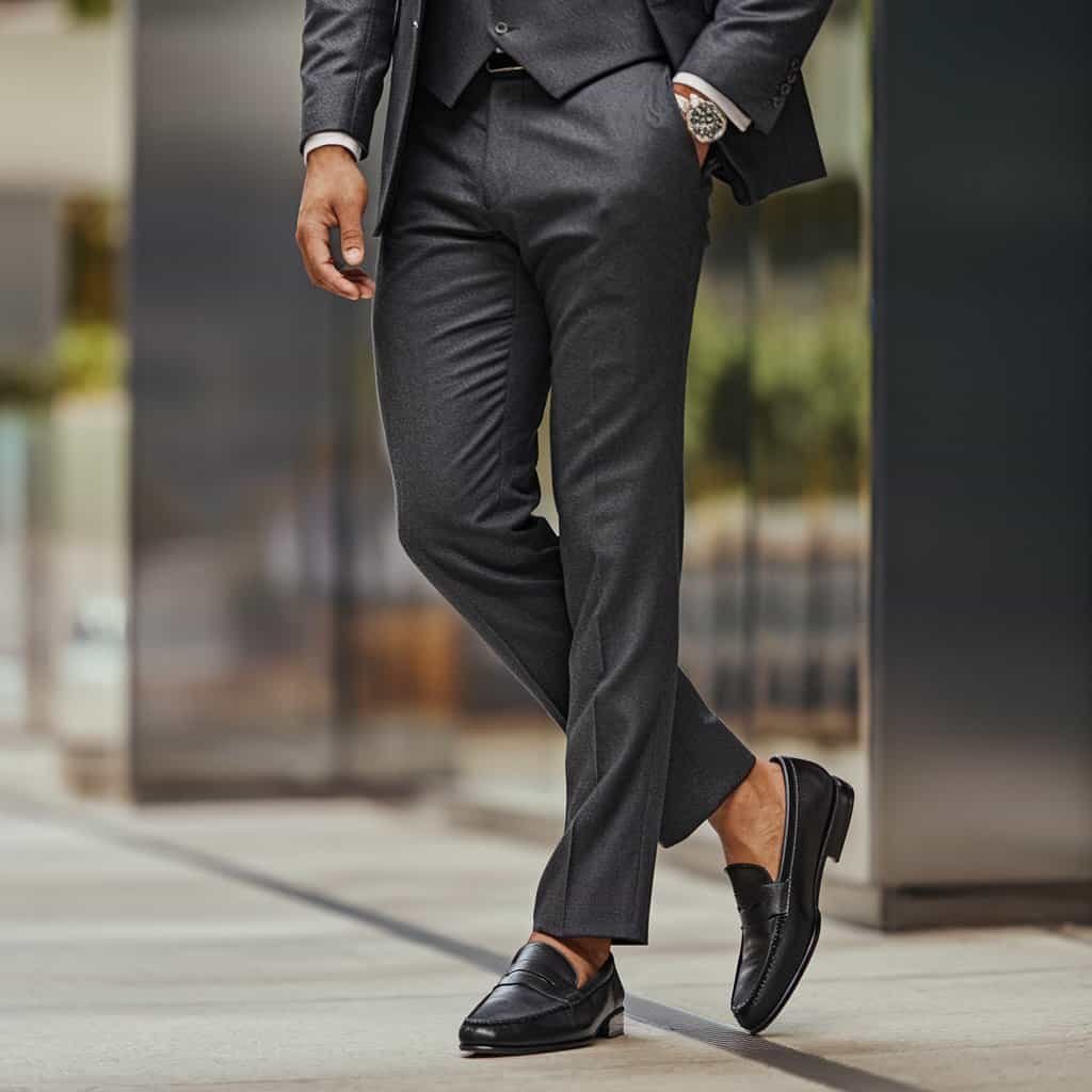 A detailed view of men's black dress shoes, highlighting a pair of loafers placed on a wooden patio table. The image captures the versatility of loafers in a smart casual ensemble, emphasizing their stylish and comfortable nature.