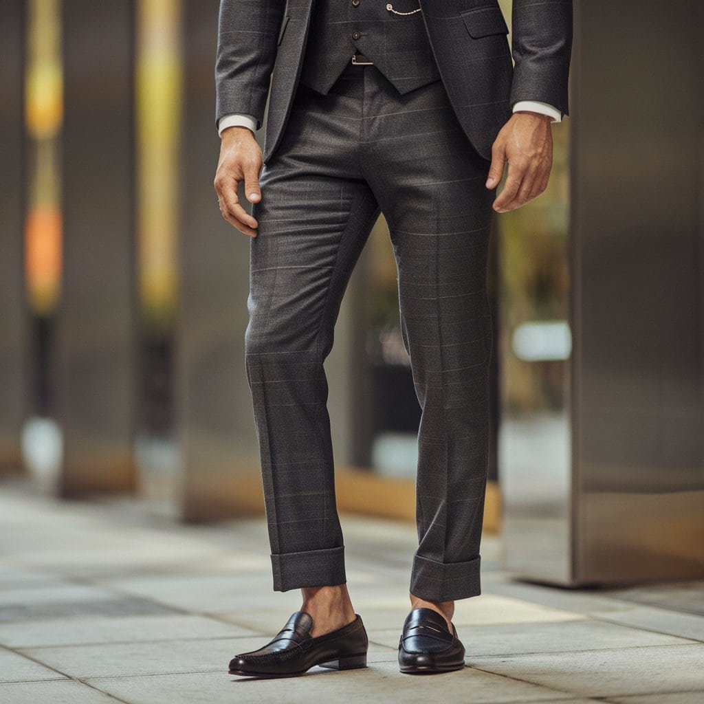 A fashionable man wearing men's black dress shoes in the form of elegant loafers. His smart casual outfit includes tailored chinos and a lightweight sweater, showcasing a polished yet relaxed style ideal for outings or informal meetings.