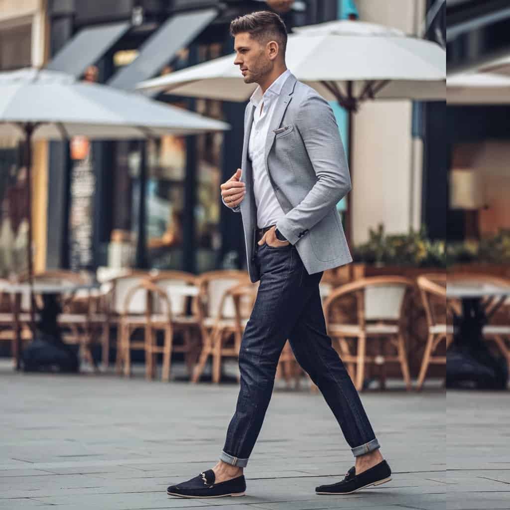 A close-up of stylish men's black dress shoes featuring sleek loafers made from soft leather. The image highlights the shoe’s modern design, perfect for a casual chic outfit that blends comfort with sophistication.