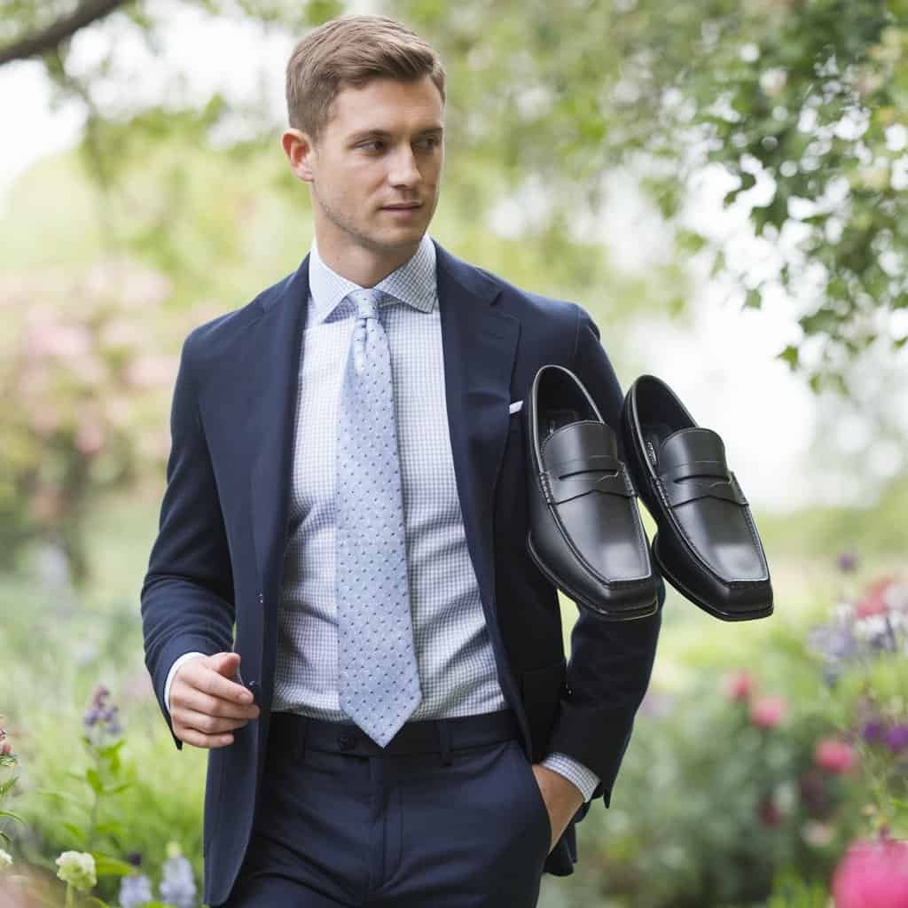 A close-up of stylish men's black dress shoes featuring sleek loafers made from premium leather. The image highlights the shoe's smooth finish and modern design, perfect for both casual and formal settings.