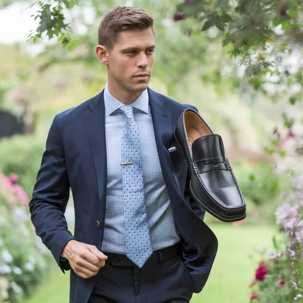 A fashionable man wearing men's black dress shoes in the form of elegant loafers. His outfit includes tailored chinos and a light sweater, capturing a sophisticated yet relaxed look ideal for smart-casual occasions.