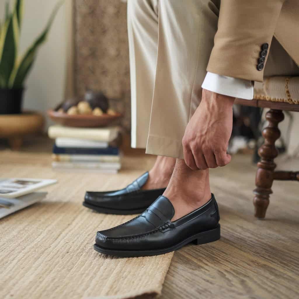 A confident man standing in men's black dress shoes, specifically loafers, paired with a tailored blazer and dark jeans. The urban backdrop highlights the versatility and style of these chic loafers for contemporary fashion.