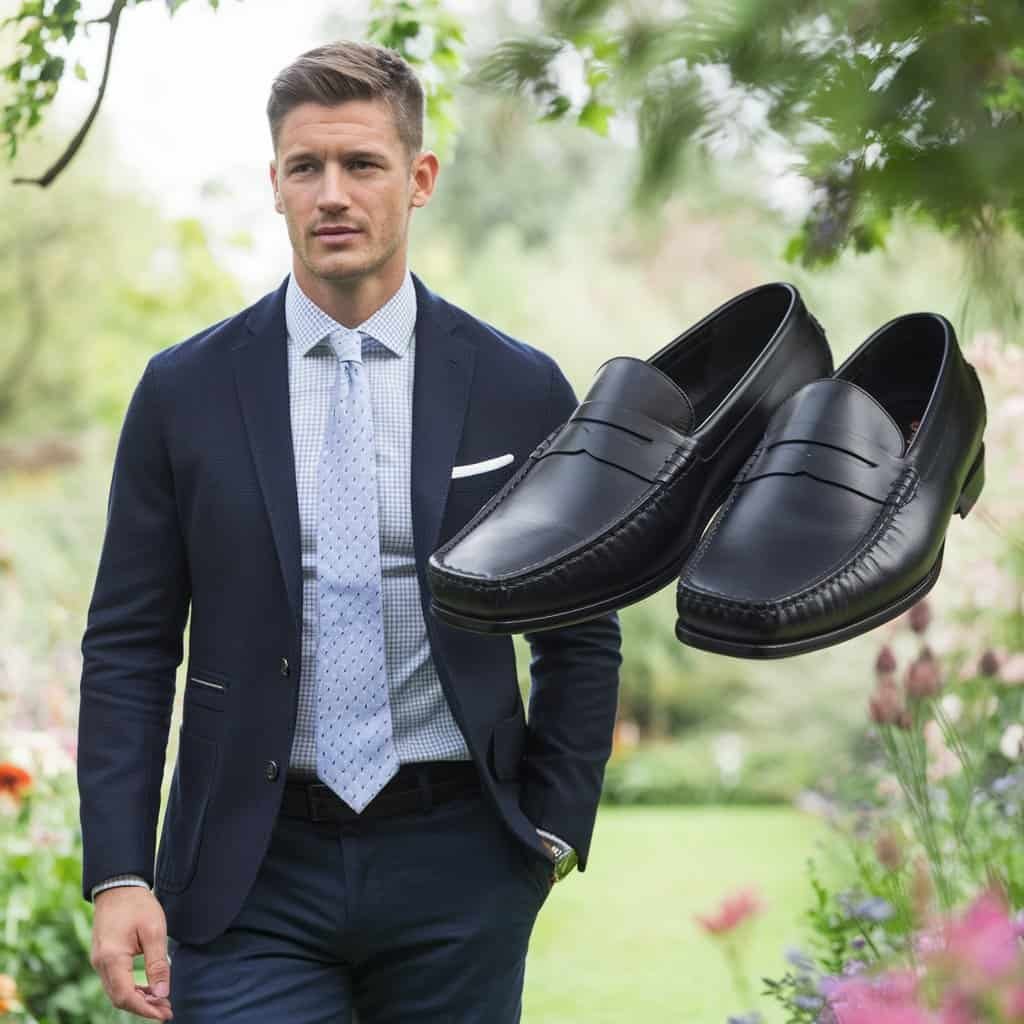 A detailed view of men's black dress shoes, showcasing a pair of loafers on a polished wooden floor. The image emphasizes the shoe's unique design and comfort, representing modern elegance in footwear.