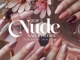 A striking photo titled "Top 5 Nude Nail Colors for Every Skin Tone" set against an elegant backdrop of a stylish vanity