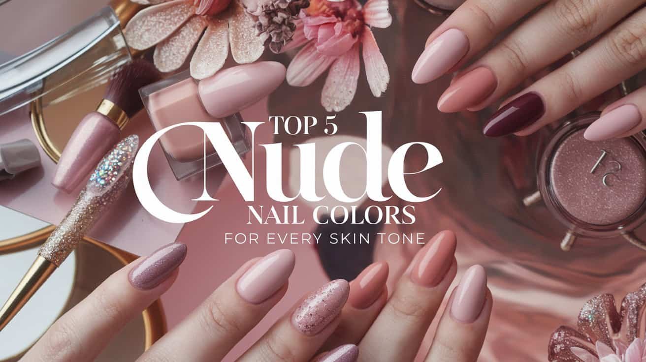 A striking photo titled "Top 5 Nude Nail Colors for Every Skin Tone" set against an elegant backdrop of a stylish vanity