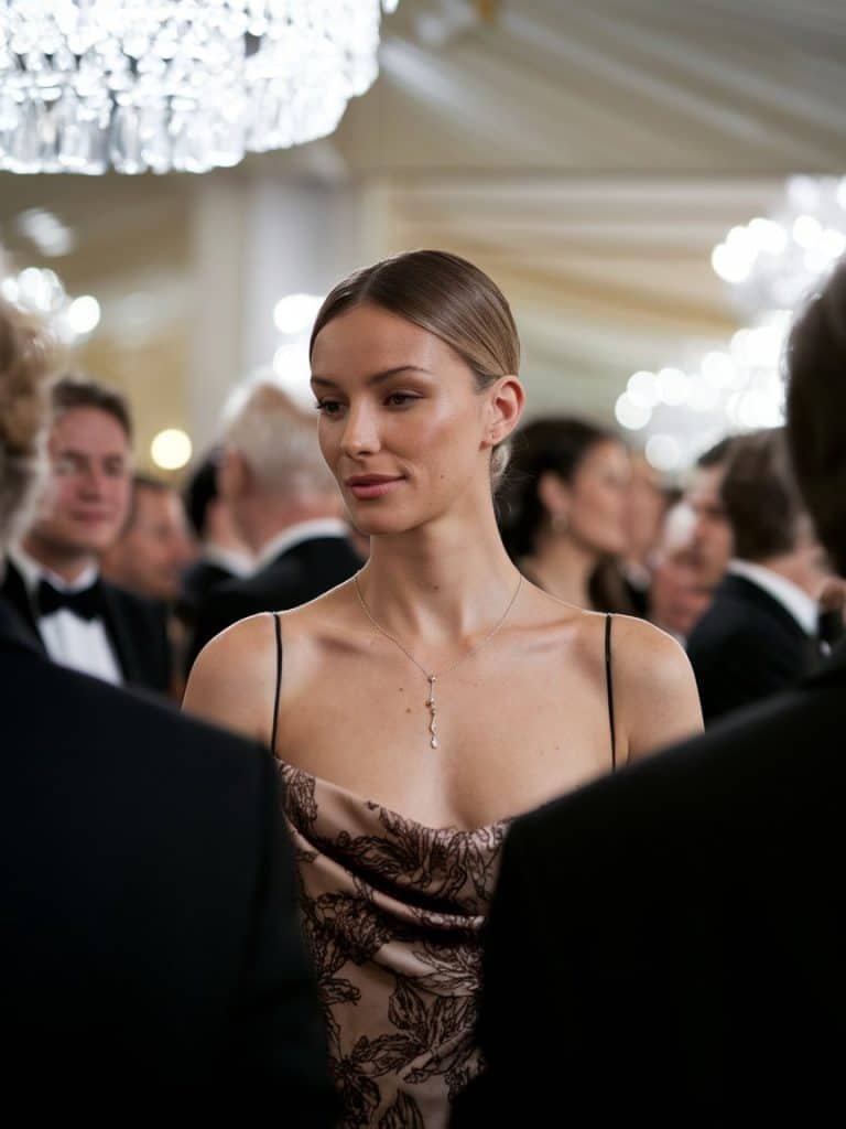 Elegant pendant necklace adorning a woman’s neckline, complementing her black tie dress perfectly.

