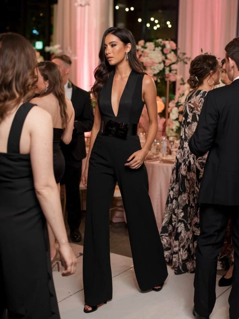 Chic Black Tie Wedding Guest Dress alternative with stylish black jumpsuit and statement belt.