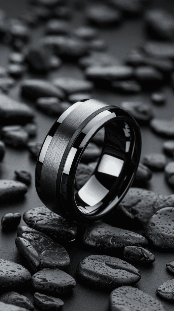 Confident man wearing a tungsten black wedding band, highlighting its durability and style.