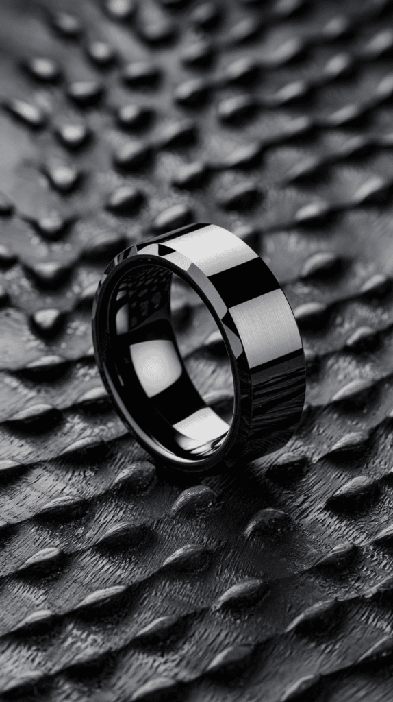 Elegant tungsten black wedding band with a brushed finish, perfect for modern grooms.
