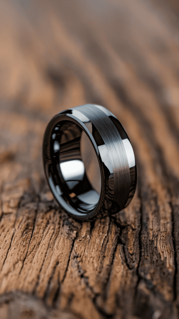 Close-up view of tungsten black wedding bands featuring intricate designs and textures.