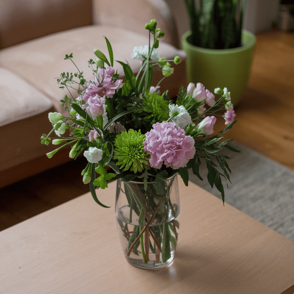 A living room with a chic coffee table featuring a bouquet of fresh
