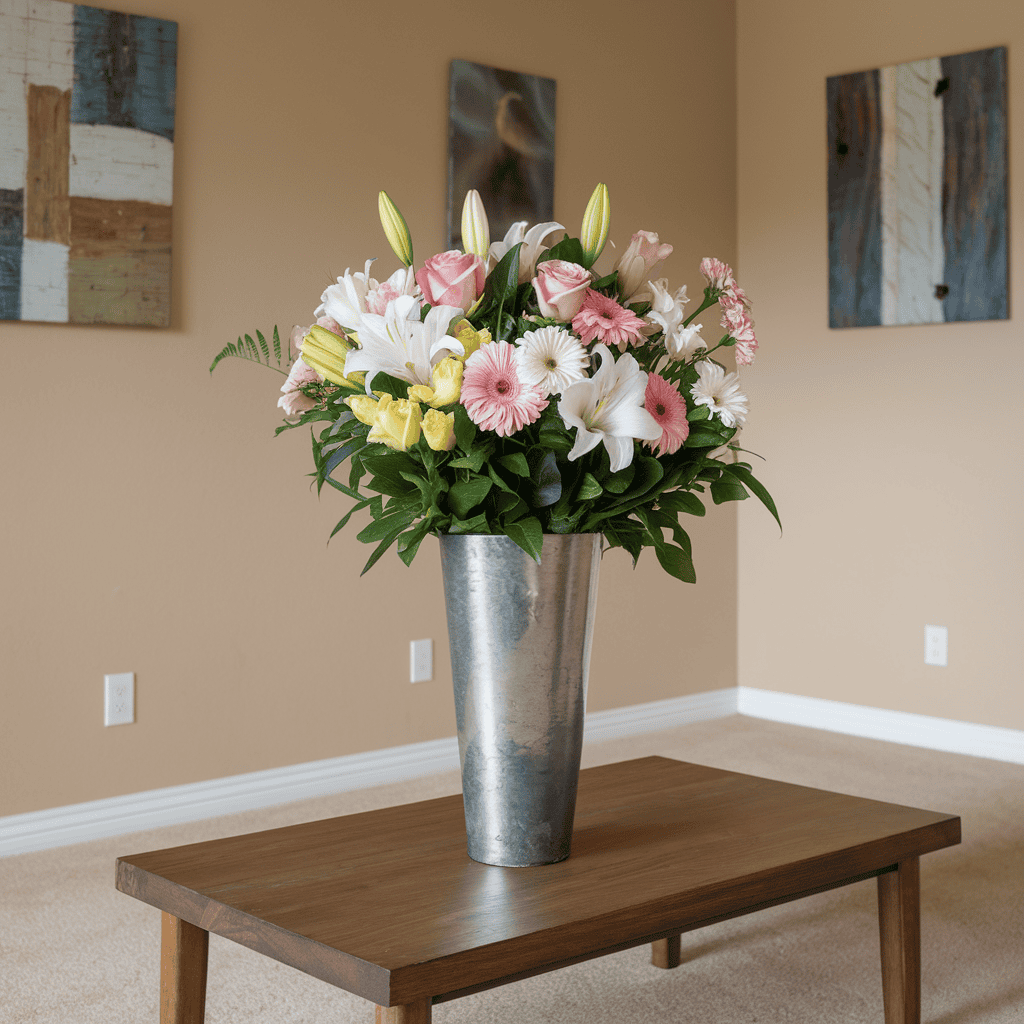 A vase of fresh, colorful flowers as the centerpiece of a coffee table.