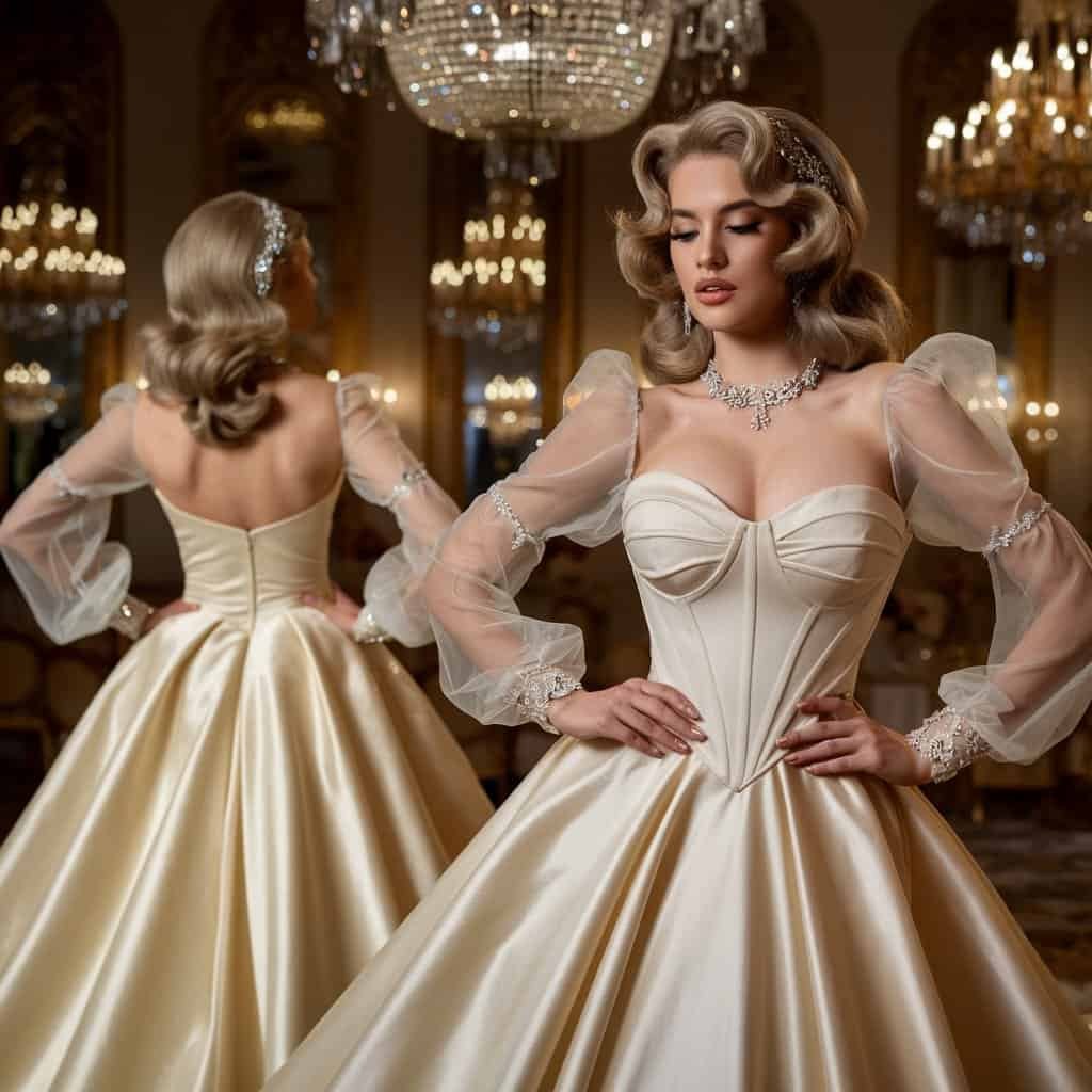 Glamorous vintage wedding dress inspired by Elizabeth Taylor's iconic style.