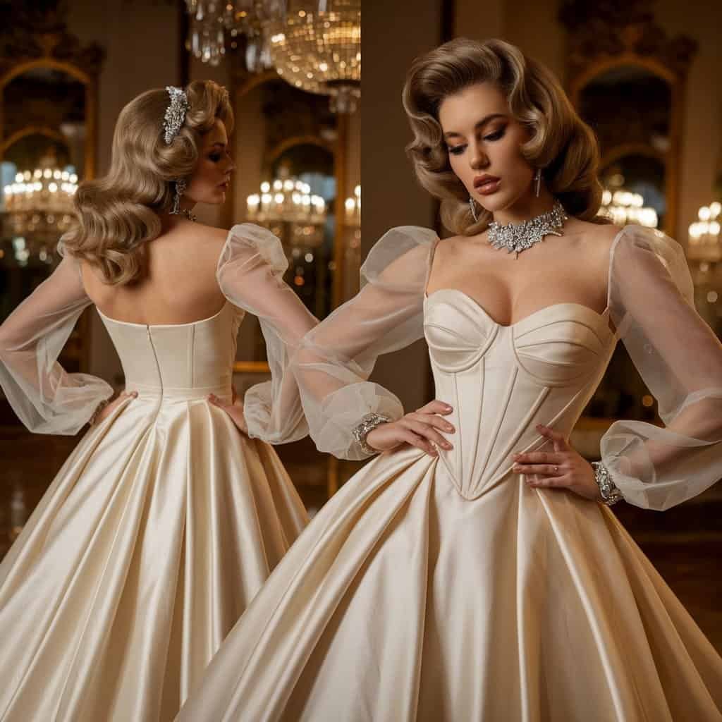 Vintage wedding dress reflecting Elizabeth Taylor's classic Hollywood elegance.