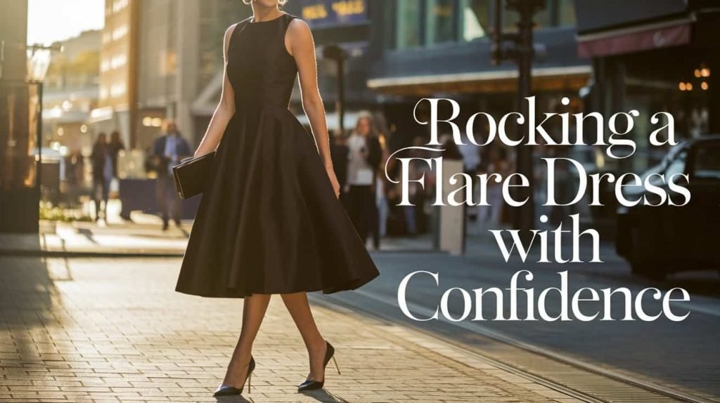 Dynamic shot of a woman in a black flare dress paired with statement heels and a bold clutch, set against a vibrant urban backdrop