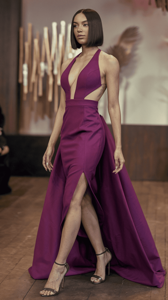 High-neck halter dress with intricate detailing