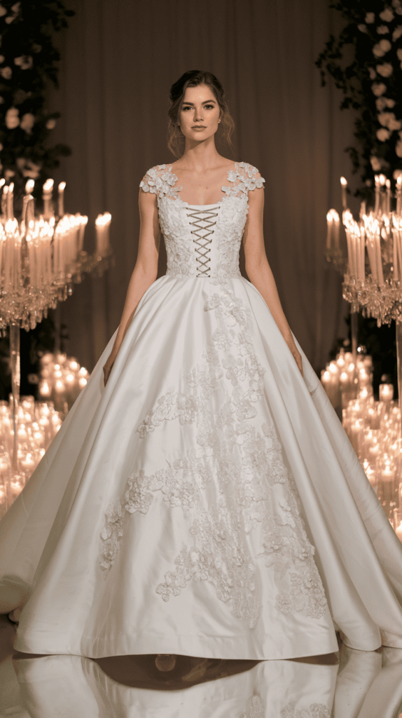 Ball gown with voluminous tulle skirt and long train