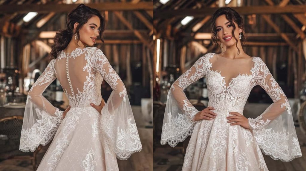 The back view of the ivory lace gown reveals a stunning sheer lace overlay and button details. This enchanting design captures the essence of classic beauty in long sleeve wedding dresses.
