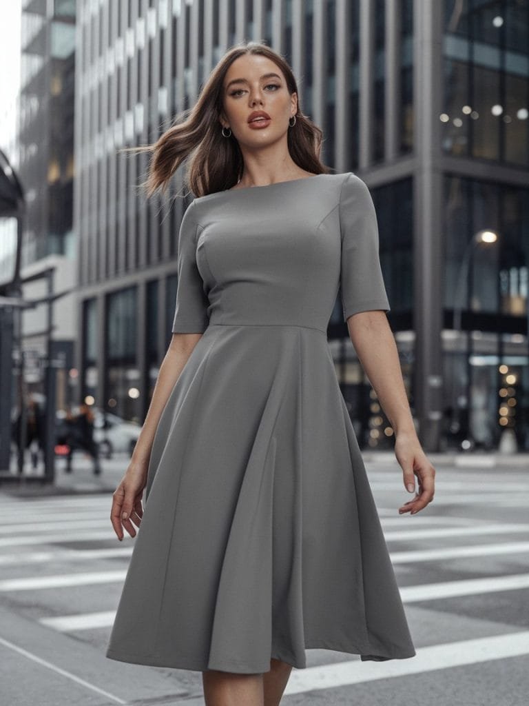 A photo of a woman with a rectangle body shape modeling a chic fit and flare dress in a trendy urban setting