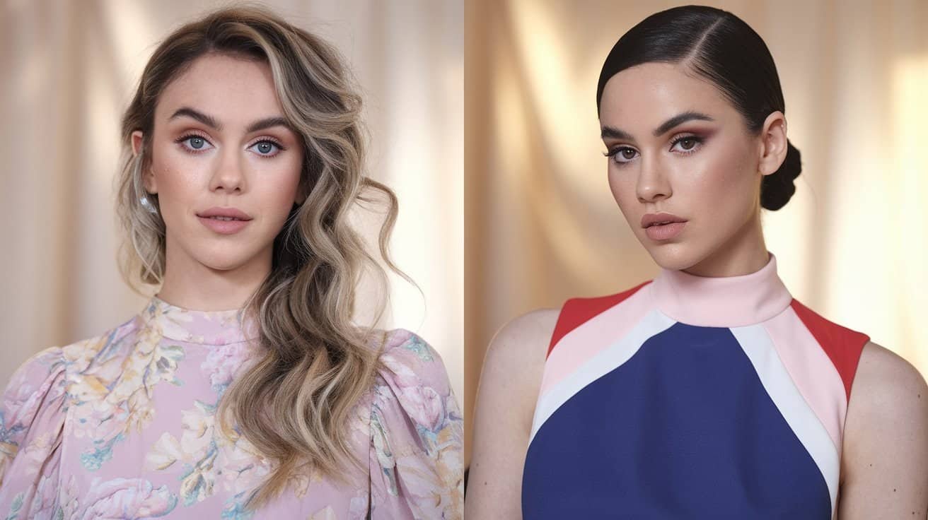 Beautiful woman with loose waves and natural makeup, showcasing a soft, romantic look paired with a pastel floral Fit and Flare Dress for daytime elegance.