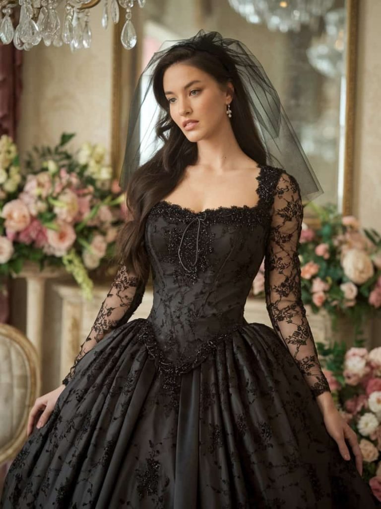 Intricate black gown with vintage touches represents Black Tie Wedding Guest Dresses elegantly.